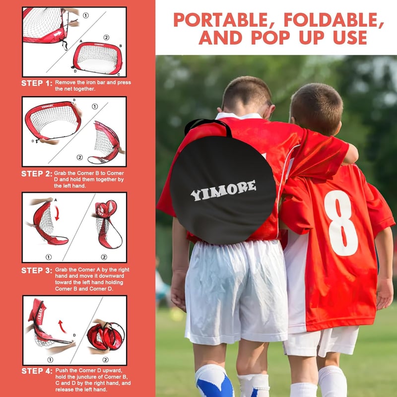 YIMORE Pop-Up Futballkapu Gyerekeknek 4 Módú Hordtáskával Kert Kültéri Beltéri - Rot 120*80*80