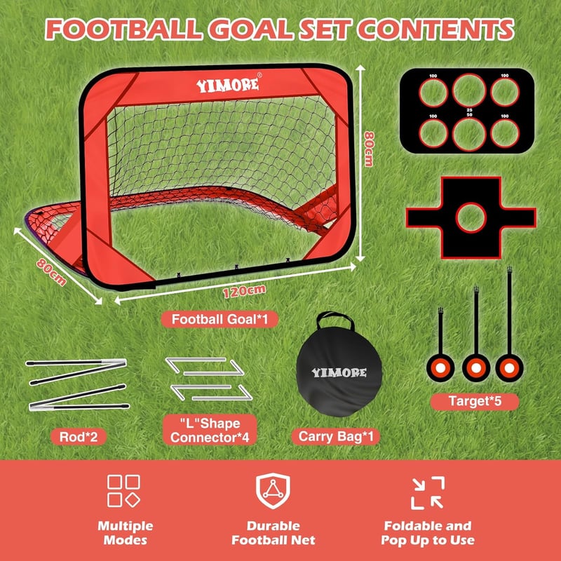 YIMORE Pop-Up Futballkapu Gyerekeknek 4 Módú Hordtáskával Kert Kültéri Beltéri - Rot 120*80*80