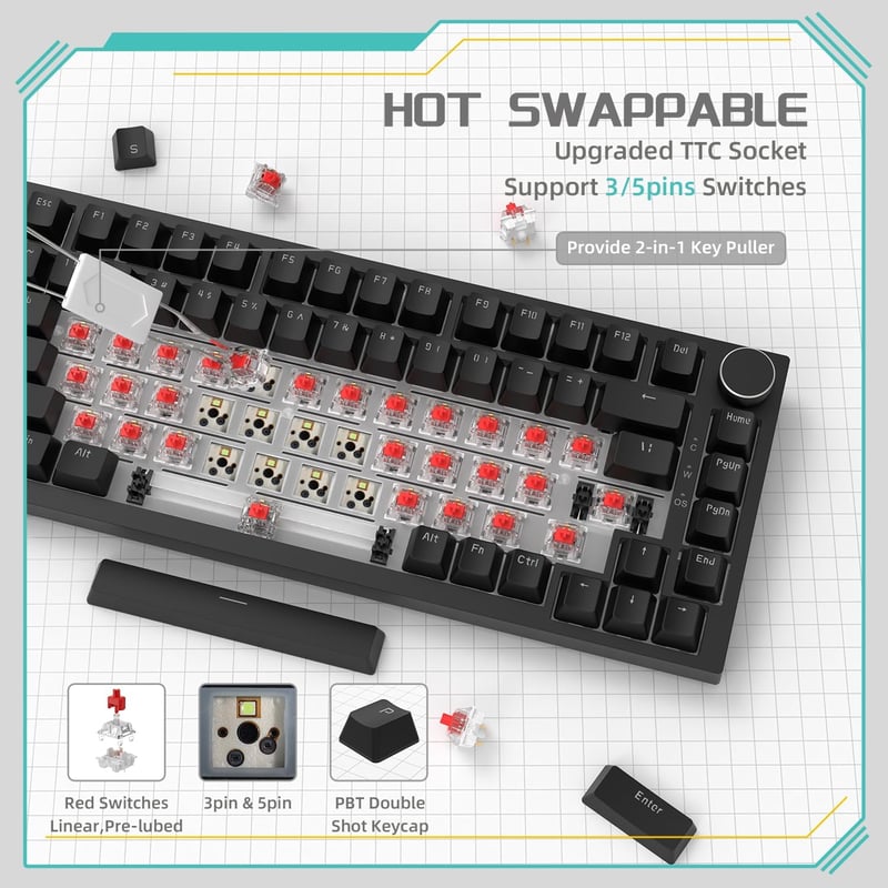 YINDIAO Ajazz AK820 Mechanikus Gamer Billentyűzet, 75% ANSI Elrendezés, Cserélhető Piros Kapcsolók, Forgógomb, USB-C, PC/Mac Kompatibilis, F