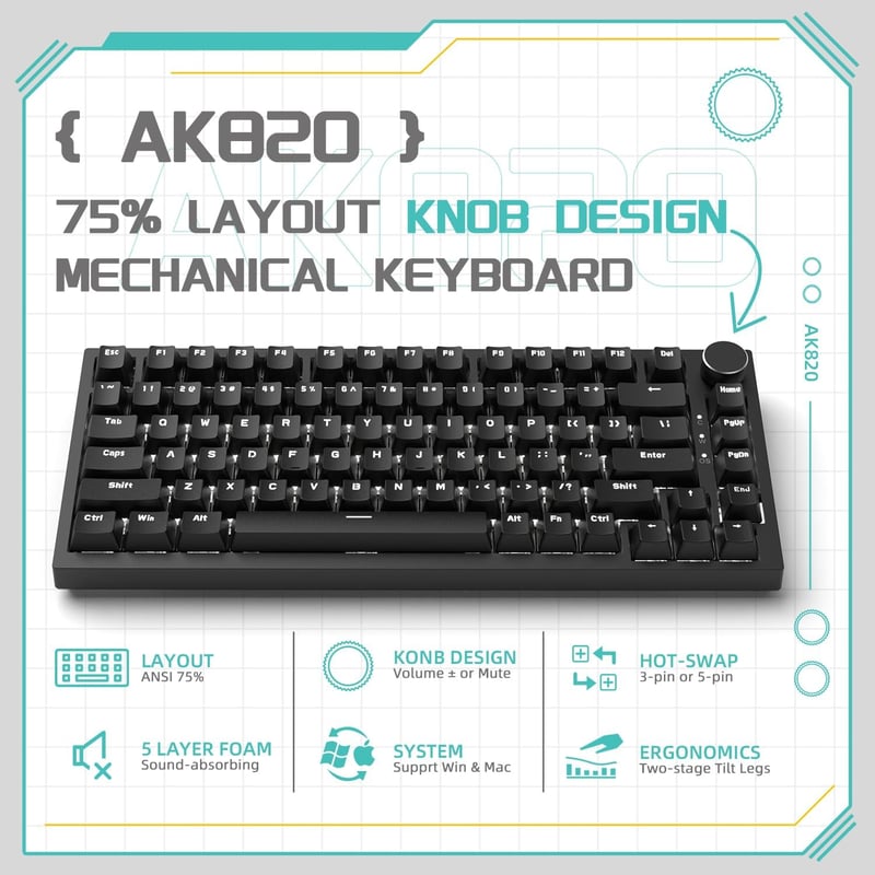 YINDIAO Ajazz AK820 Mechanikus Gamer Billentyűzet, 75% ANSI Elrendezés, Cserélhető Piros Kapcsolók, Forgógomb, USB-C, PC/Mac Kompatibilis, F