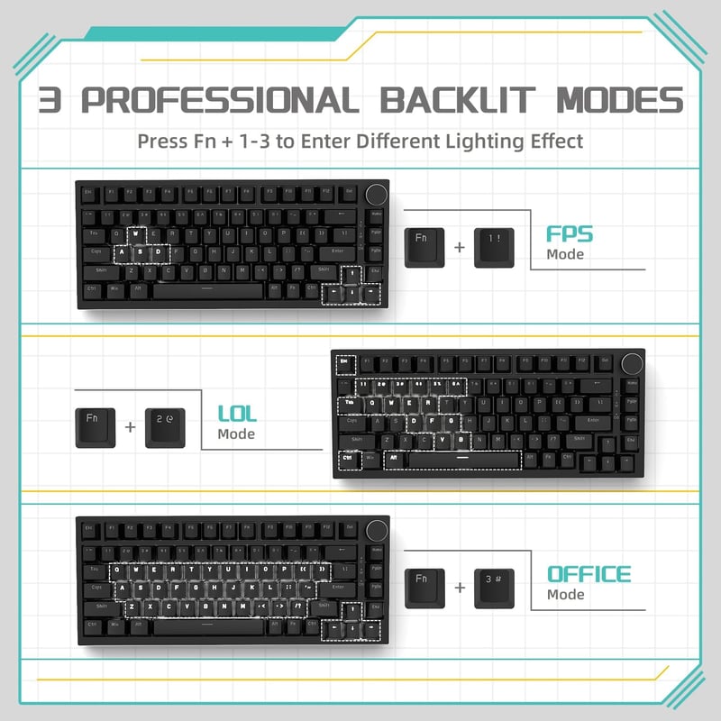 YINDIAO Ajazz AK820 Mechanikus Gamer Billentyűzet, 75% ANSI Elrendezés, Cserélhető Piros Kapcsolók, Forgógomb, USB-C, PC/Mac Kompatibilis, F