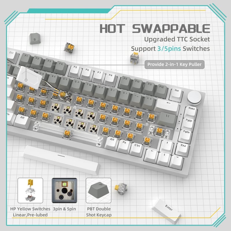YINDIAO Ajazz AK820 Mechanikus Gamer Billentyűzet, 75% ANSI Elrendezés, Cserélhető Red Switch, Hangerőszabályzó Gombbal, PC/Mac Kompatibilis