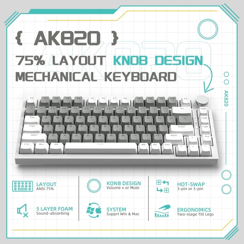YINDIAO Ajazz AK820 Mechanikus Gamer Billentyűzet, 75% ANSI Elrendezés, Cserélhető Red Switch, Hangerőszabályzó Gombbal, PC/Mac Kompatibilis