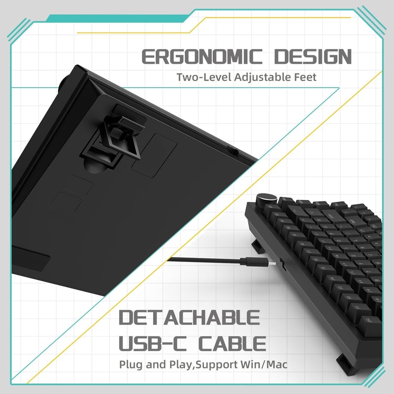 YINDIAO Ajazz AK820 Mechanikus Gamer Billentyűzet, 75% ANSI Elrendezés, Cserélhető Piros Kapcsolók, Forgógomb, USB-C, PC/Mac Kompatibilis, F