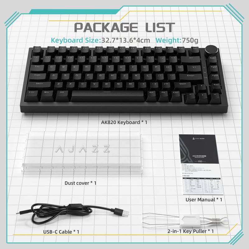 YINDIAO Ajazz AK820 Mechanikus Gamer Billentyűzet, 75% ANSI Elrendezés, Cserélhető Piros Kapcsolók, Forgógomb, USB-C, PC/Mac Kompatibilis, F