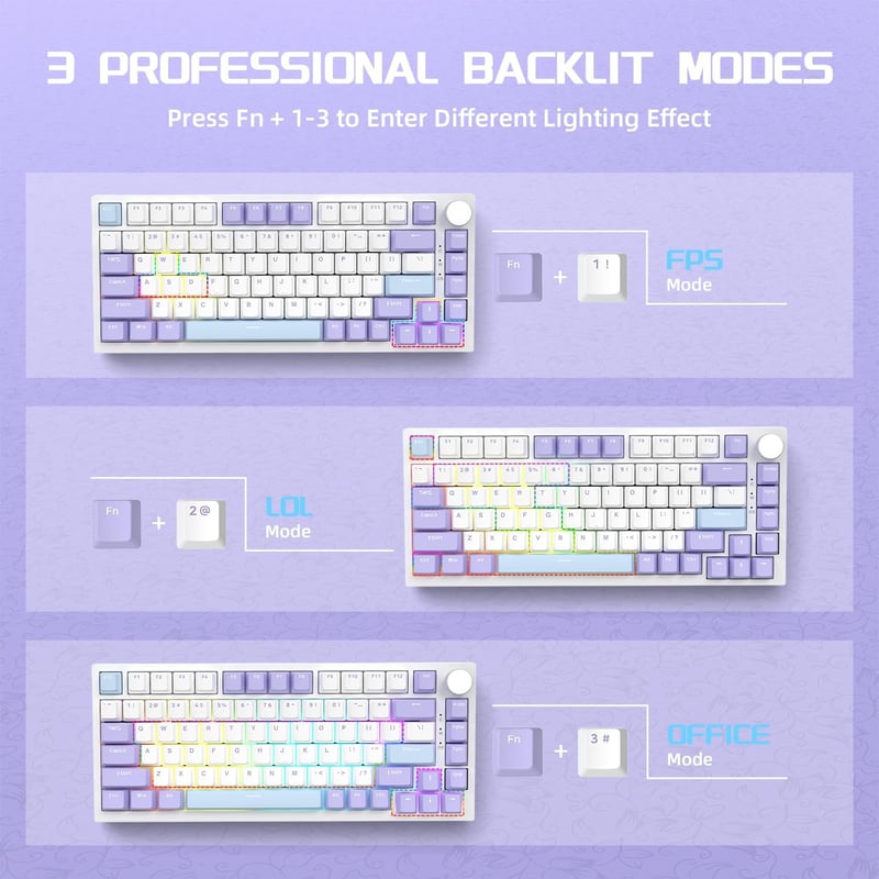 YINDIAO AK820 Mechanikus Gamer Billentyűzet, 75% ANSI Elrendezés, Hot-Swap, RGB Háttérvilágítás, Hangerőszabályzó, PC/Mac Kompatibilis, Lila