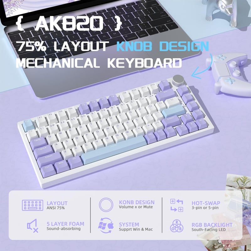 YINDIAO AK820 Mechanikus Gamer Billentyűzet, 75% ANSI Elrendezés, Hot-Swap, RGB Háttérvilágítás, Hangerőszabályzó, PC/Mac Kompatibilis, Lila