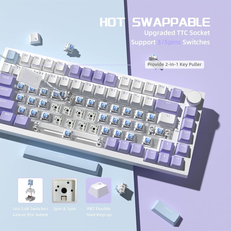 YINDIAO AK820 Mechanikus Gamer Billentyűzet, 75% ANSI Elrendezés, Hot-Swap, RGB Háttérvilágítás, Hangerőszabályzó, PC/Mac Kompatibilis, Lila