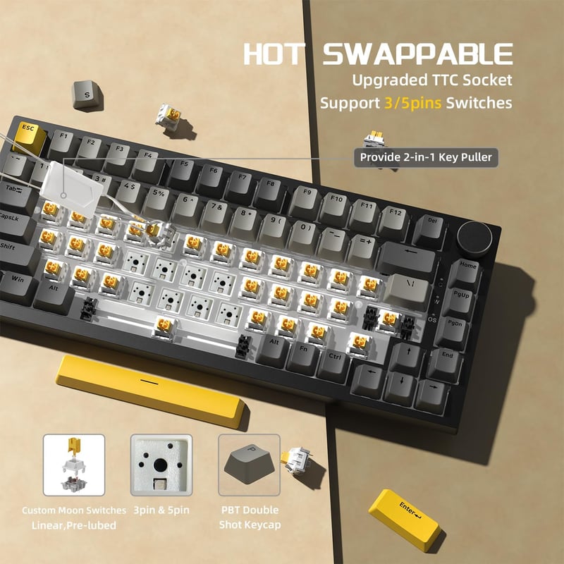 YINDIAO AK820 Mechanikus Gaming Billentyűzet 75% 82 Gombos Hot Swap RGB Világítás PC Mac Kompatibilis Szürke
