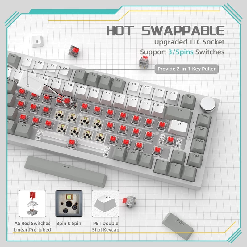 YINDIAO AK820 Mechanikus Gaming Billentyűzet 75% Layout 81 Gomb Hot-Swap Piros Switch USB-C PC Mac Szürke Fehér