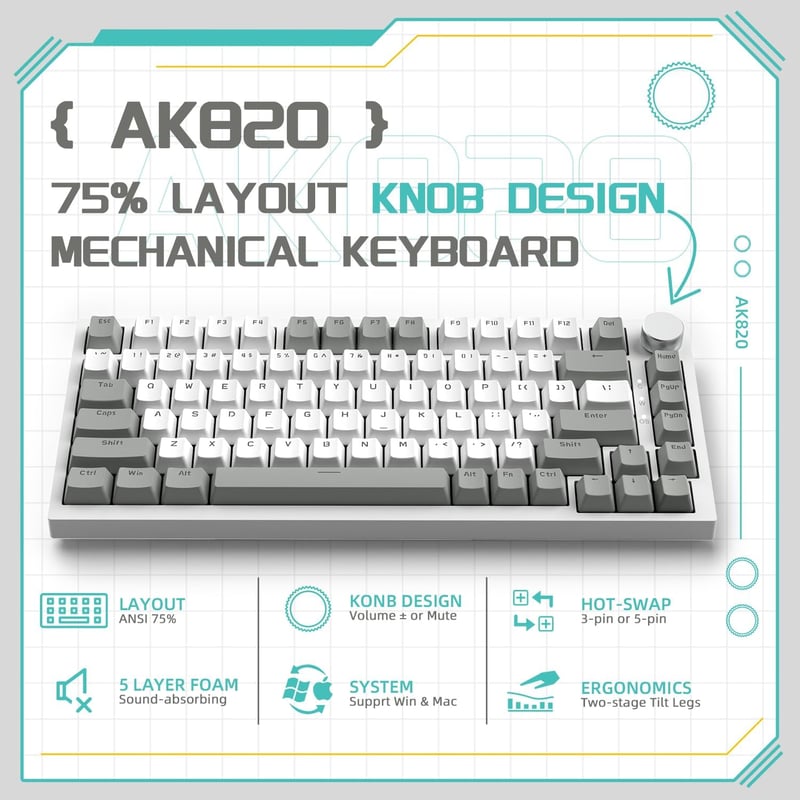 YINDIAO AK820 Mechanikus Gaming Billentyűzet 75% Layout 81 Gomb Hot-Swap Piros Switch USB-C PC Mac Szürke Fehér