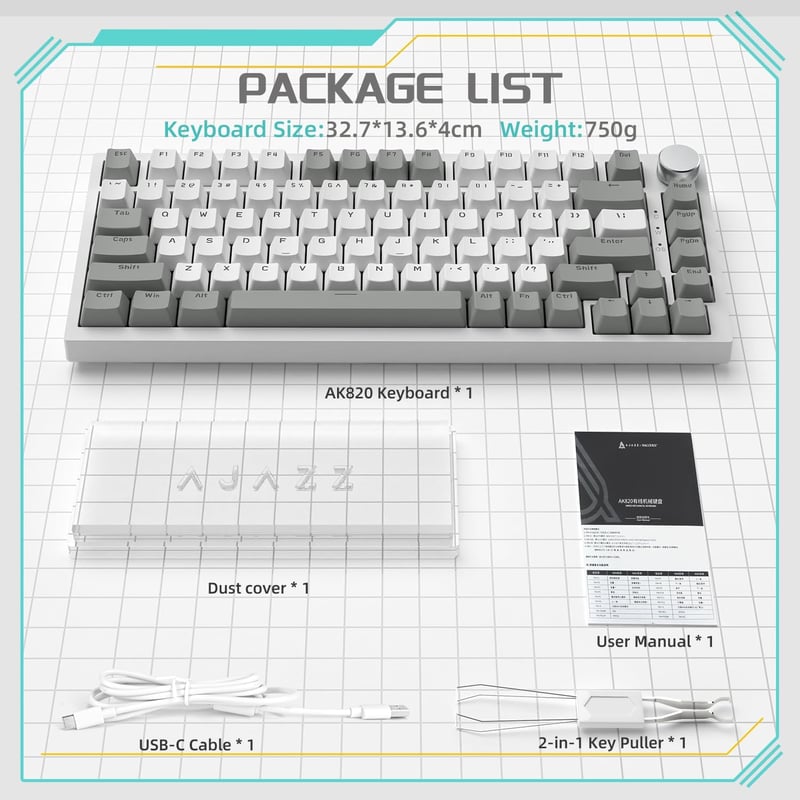 YINDIAO AK820 Mechanikus Gaming Billentyűzet 75% Layout 81 Gomb Hot-Swap Piros Switch USB-C PC Mac Szürke Fehér