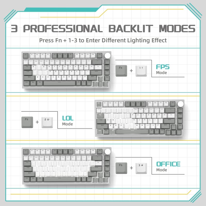 YINDIAO AK820 Mechanikus Gaming Billentyűzet 75% Layout 81 Gomb Hot-Swap Piros Switch USB-C PC Mac Szürke Fehér