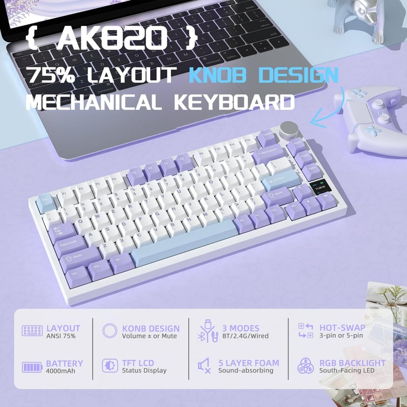 YINDIAO AK820PRO Mechanikus Gaming Billentyűzet TFT Kijelzővel, Vezeték Nélküli 2.4G/Bluetooth, 75% Layout, RGB Háttérvilágítás