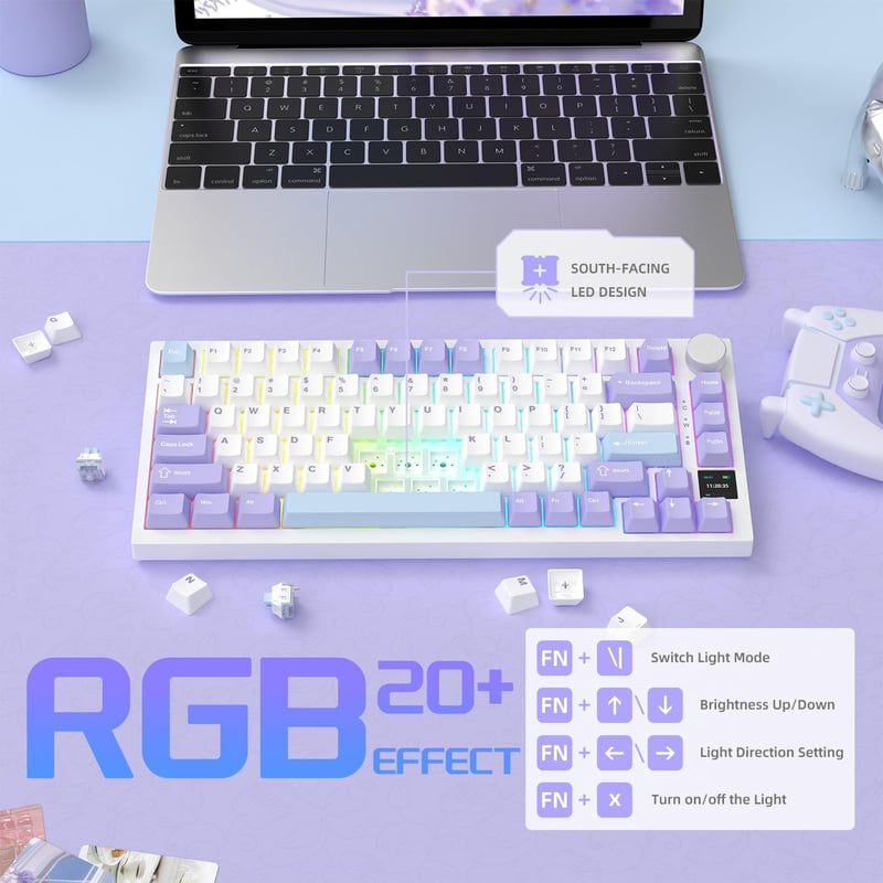 YINDIAO AK820PRO Mechanikus Gaming Billentyűzet TFT Kijelzővel, Vezeték Nélküli 2.4G/Bluetooth, 75% Layout, RGB Háttérvilágítás