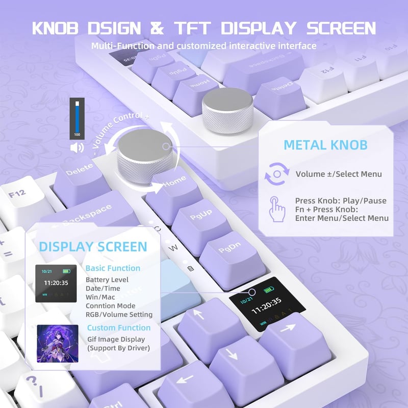 YINDIAO AK820PRO Mechanikus Gaming Billentyűzet TFT Kijelzővel, Vezeték Nélküli 2.4G/Bluetooth, 75% Layout, RGB Háttérvilágítás