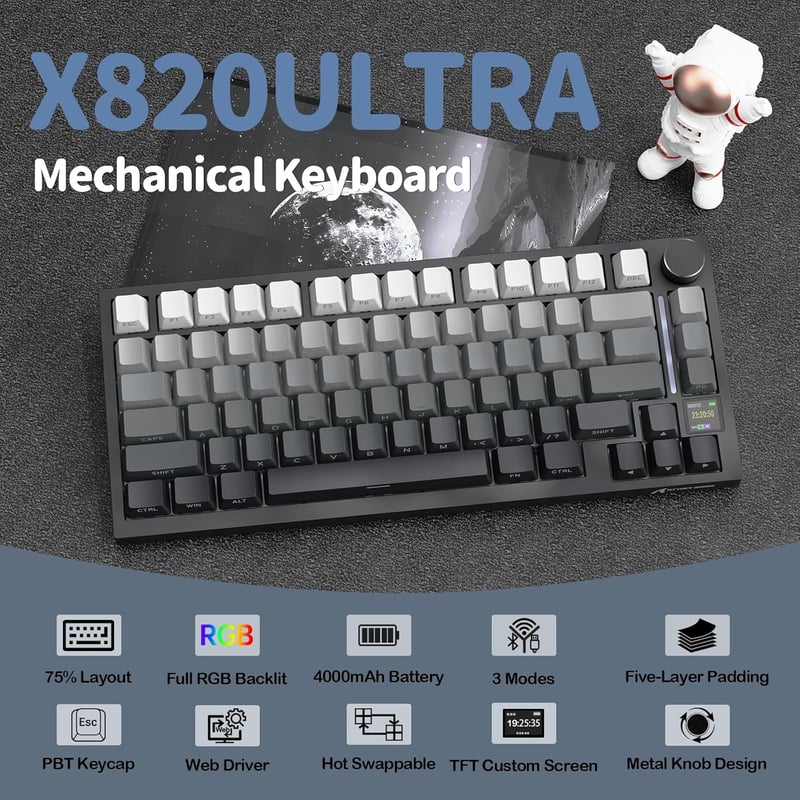 YINDIAO ATTACK SHARK X820 mechanikus billentyűzet TFT kijelzővel, 75% ANSI, 2.4GHz/BT/vezetékes
