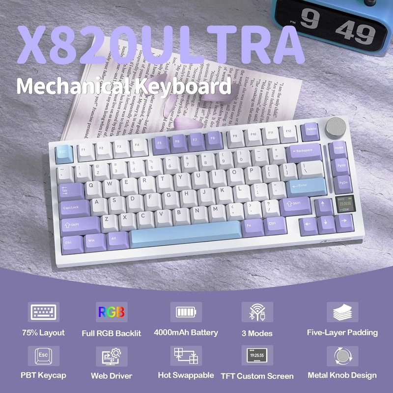 YINDIAO ATTACK SHARK X820 mechanikus billentyűzet TFT kijelzővel, 75% ANSI, lila