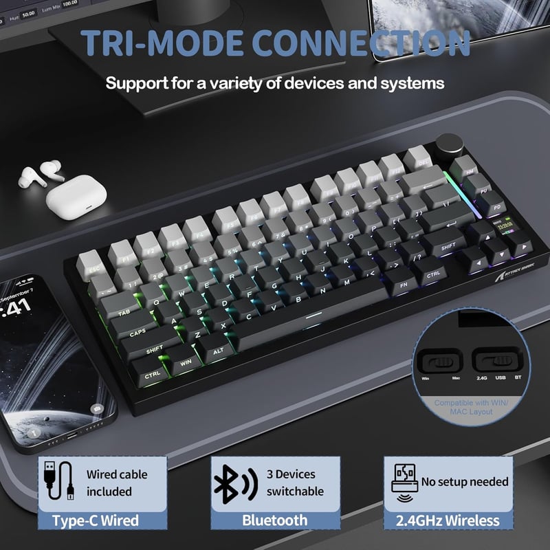 YINDIAO ATTACK SHARK X820 mechanikus billentyűzet TFT kijelzővel, 75% ANSI, 2.4GHz/BT/vezetékes