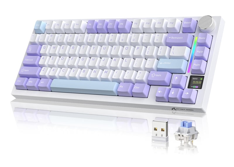 Mechanická klávesnica YINDIAO Attack Shark X820 Ultra s TFT displejom, 75% ANSI, 2,4 GHz/BT/USB-C – fialová