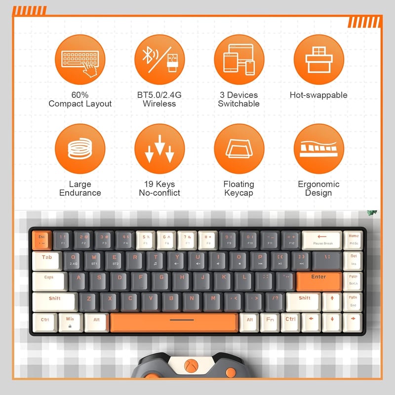 YINDIAO K68 60% Vezeték Nélküli Mechanikus Gaming Billentyűzet, Bluetooth 5.0/2.4 GHz, 68 Gombos Mini Billentyűzet Hot Swap Funkcióval, Kék 