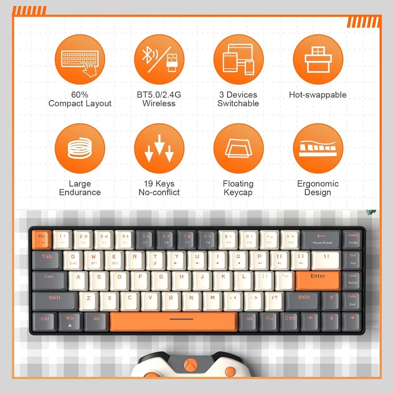 YINDIAO K68 60% Vezeték Nélküli Mechanikus Gaming Billentyűzet, Bluetooth 5.0/2.4GHz, 68 Gombos Kompakt Mini Billentyűzet Hot Swap Funkcióva