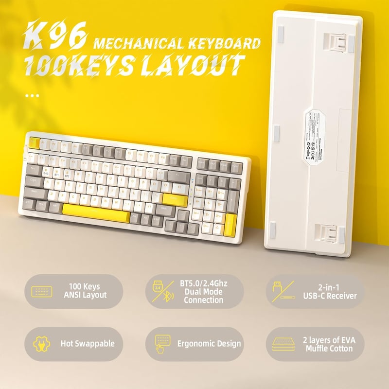 YINDIAO K96 Vezeték Nélküli Mechanikus Billentyűzet Bluetooth 2.4GHz Hot-Swap 96% Layout Numerikus Blokk Piros Switch Gaming PC