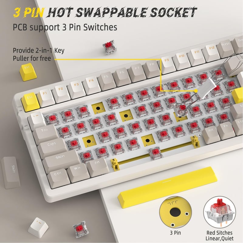 YINDIAO K96 Vezeték Nélküli Mechanikus Billentyűzet Bluetooth 2.4GHz Hot-Swap 96% Layout Numerikus Blokk Piros Switch Gaming PC