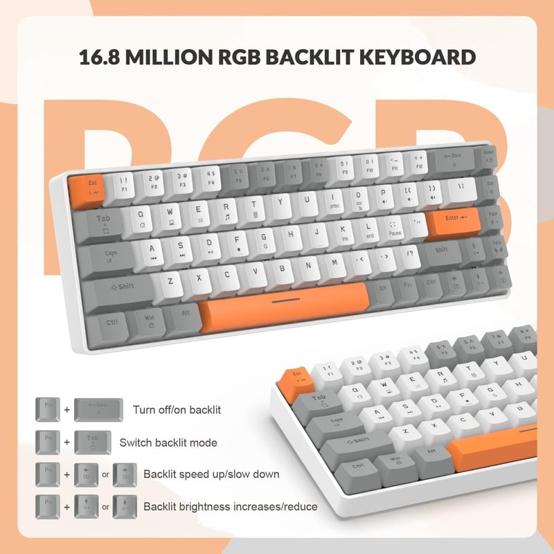 YINDIAO T8 60% Kompakt Gamer Billentyűzet, 68 Gombos Mechanikus Mini Keyboard, RGB Háttérvilágítás, Piros Switch, USB-C Kábel, PC/PS4 Kompat