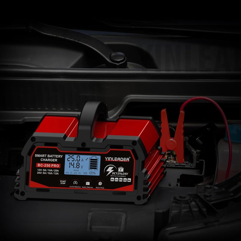 Yinleader 25A Automata Akkumulátor Töltő 12V/24V - LCD Kijelzős Intelligens Csepptöltő Autó és LiFePO4 Akkumulátorokhoz