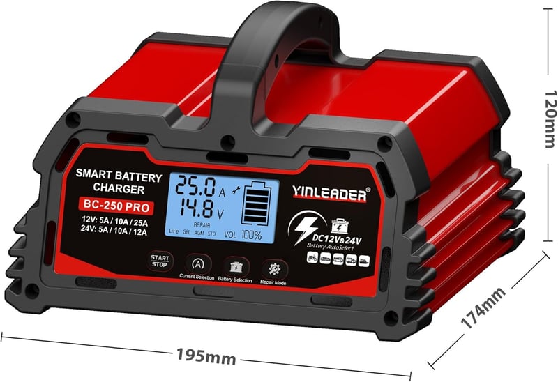 Yinleader 25A Automata Akkumulátor Töltő 12V/24V - LCD Kijelzős Intelligens Csepptöltő Autó és LiFePO4 Akkumulátorokhoz