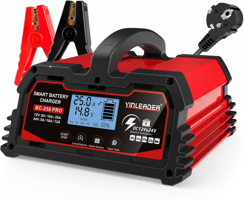 Yinleader 25A Automata Akkumulátor Töltő 12V/24V - LCD Kijelzős Intelligens Csepptöltő Autó és LiFePO4 Akkumulátorokhoz