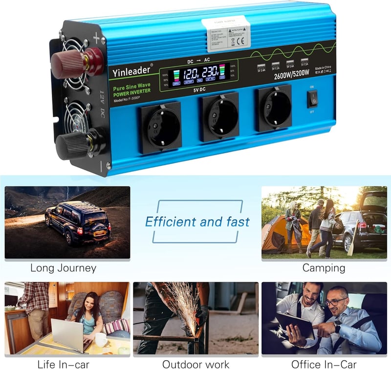 Yinleader 2600W/5200W Inverter 12V 230V Tiszta Szinusz Hullám Távirányítóval
