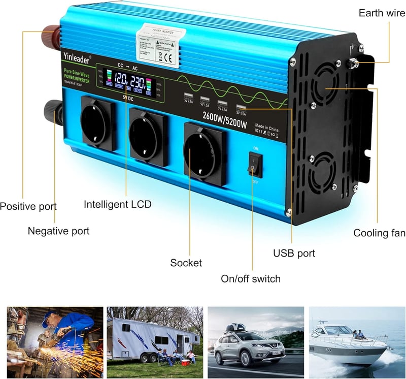 Yinleader 2600W/5200W Inverter 12V 230V Tiszta Szinusz Hullám Távirányítóval
