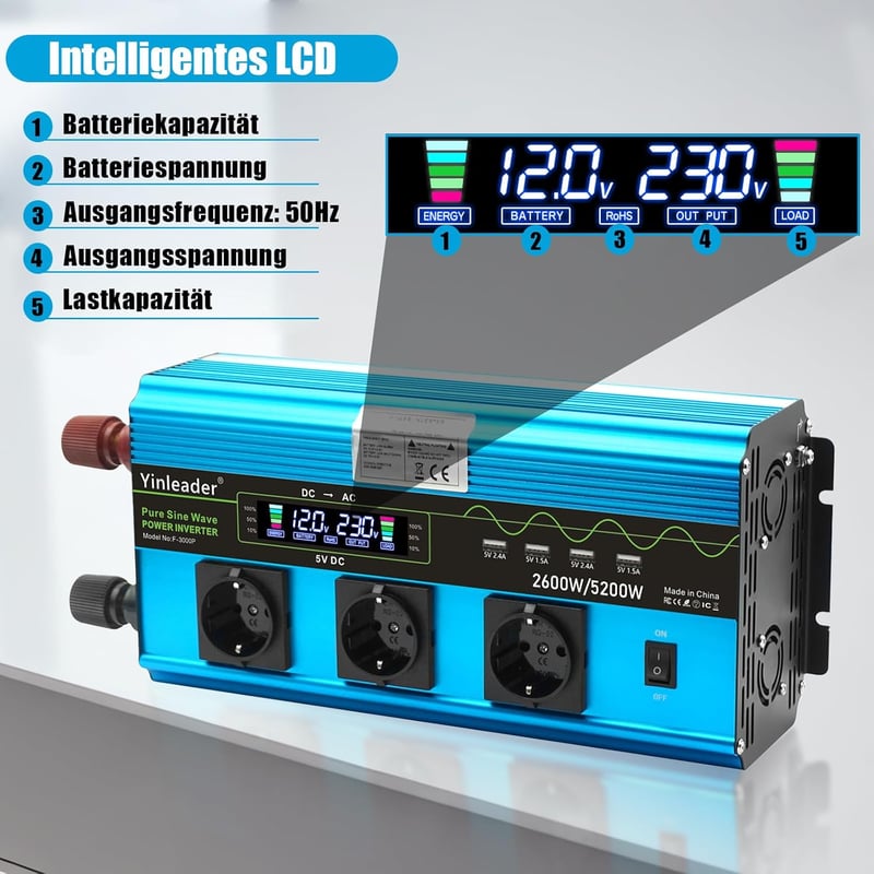 Yinleader 2600W/5200W Inverter 12V 230V Tiszta Szinusz Hullám Távirányítóval