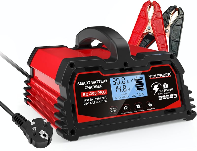 Yinleader BC-300 Pro akkumulátortöltő autókhoz 30A 12V/24V teljesen automata LCD kijelzővel, csepptöltő