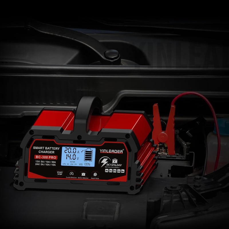 Yinleader BC-300 Pro akkumulátortöltő autókhoz 30A 12V/24V teljesen automata LCD kijelzővel, csepptöltő