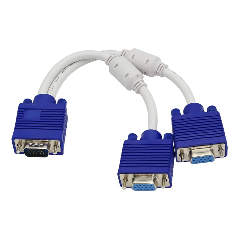 YIONESHOP VGA Y Rozbočovací Kábel - 1 Samec 2 Samice Konektor, 15cm, Modrý - Adaptér na Duplikáciu Monitora pre Notebook, Plug & Play, S Odrušovacím Filtrom