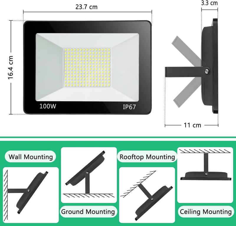 Proiector LED YIQIBRO 100W, IP67 impermeabil, 10000 lm, alb rece, exterior