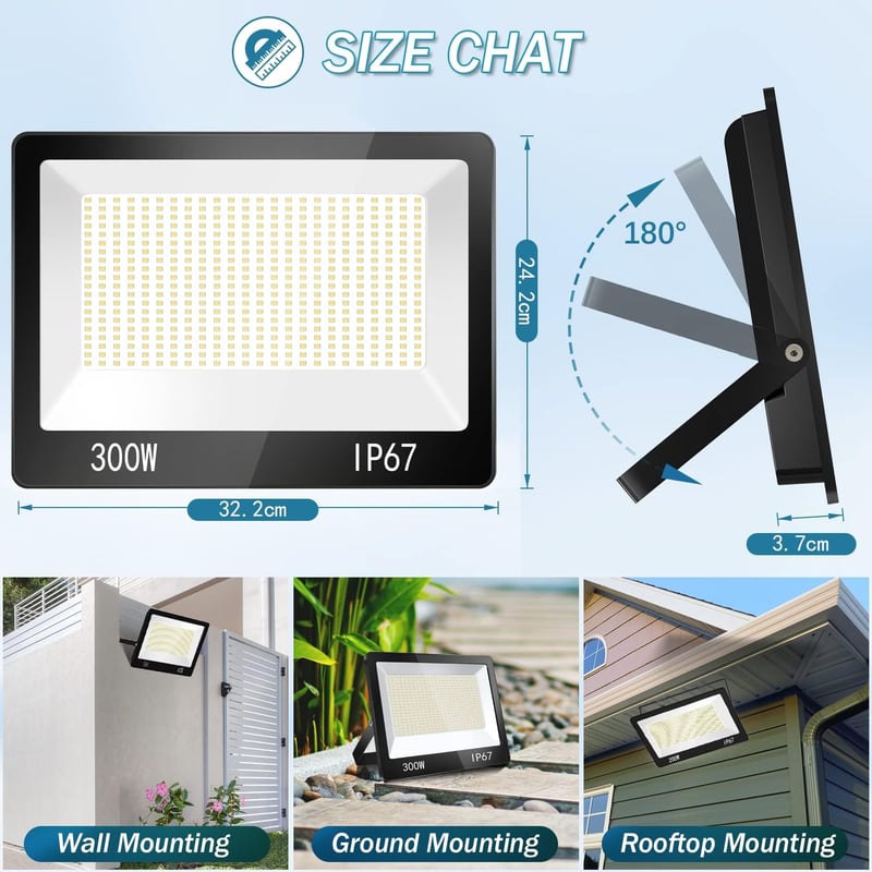 YIQIBRO 300W LED reflektor IP67 vízálló 30000 lm hideg fehér kültéri spotlámpa
