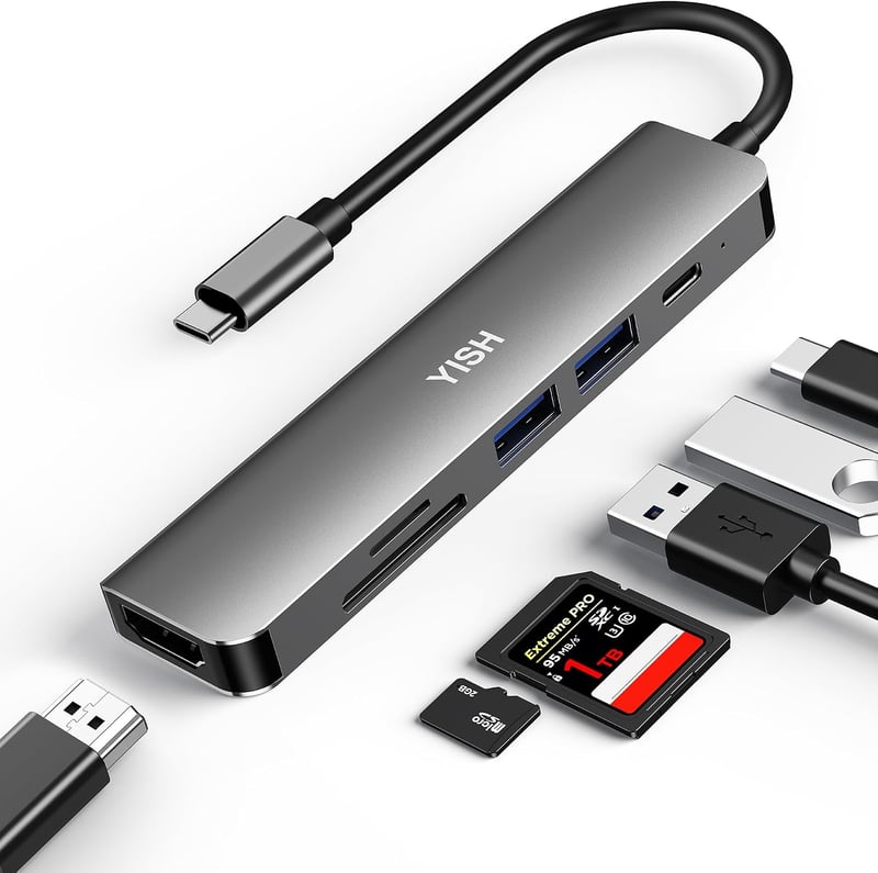 YISH USB-C Hub 6 az 1-ben, PD 100W, 4K HDMI, 2x USB-A, SD/TF kártyaolvasó - szürke