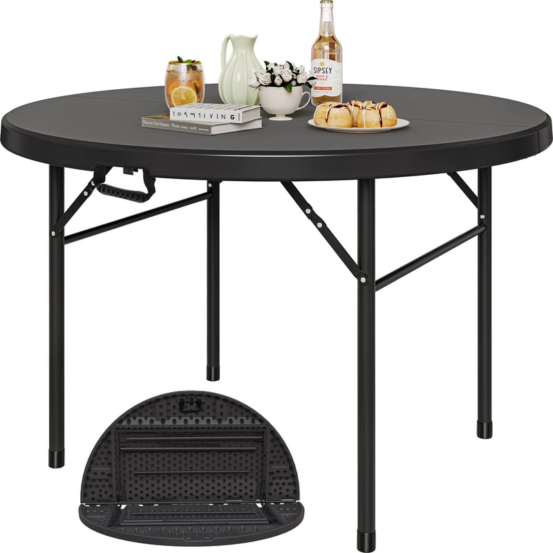 YITAHOME 122 cm okrugli sklopivi stol s ručkom za nošenje, otporan na vremenske uvjete, metalni okvir, ploča stola 4 cm, za vanjsku/unutarnju upotrebu, crni, za zabave, kampiranje, roštiljanje