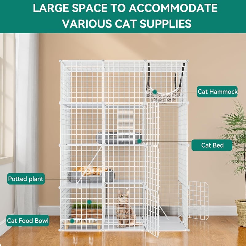 YITAHOME 4 szintes macskakcage 107x72x142cm hálóval és létrákkal - L 107 x B 72 x H 142 cm, White lattice metal