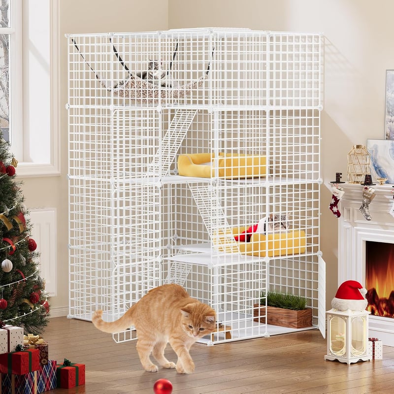 YITAHOME 4 szintes macskakcage 107x72x142cm hálóval és létrákkal - L 107 x B 72 x H 142 cm, White lattice metal