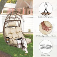 YITAHOME Függő Fotel Tojásszék 150 kg Teherbírással, Rattan Hintaszék Párnával és Pohártartóval, Kertbe, Teraszra, Erkélyre, Nappaliba, Bézs 4