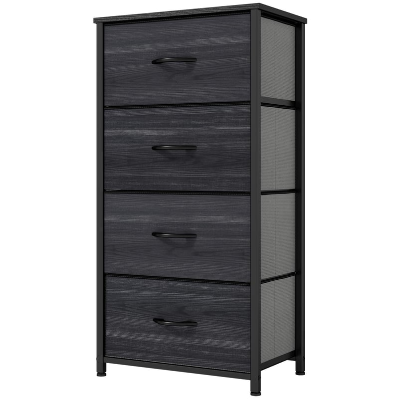 Comodă cu 4 sertare YITAHOME, model cu textură de lemn negru, sertare din material textil, mânere și cadru metalic