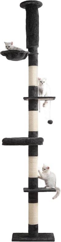 YITAHOME Mennyezetig Érő Macskafa, 5 Szintes Mászótorony Függőággyal, Állítható Magasság 281cm, Sötétszürke Kaparófával és Játékokkal 7