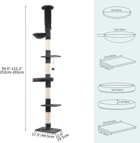 YITAHOME Mennyezetig Érő Macskafa, 5 Szintes Mászótorony Függőággyal, Állítható Magasság 281cm, Sötétszürke Kaparófával és Játékokkal 5