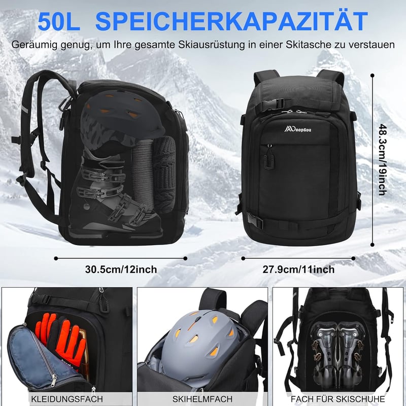 YITGOG 50L Síbakancs Táska Sisaktartó Rekesszel - 1680D Nylon Hátizsák Sícipőkhöz, Korcsolyához, Snowboardhoz