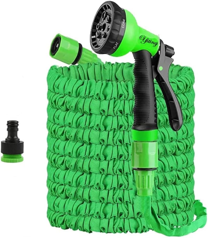 Yiting Bővíthető Kerti Locsolótömlő 7,5-60m - Flexibilis Gumitömlő 8 Funkciós Szórófejjel, Univerzális Csatlakozókkal, Zöld